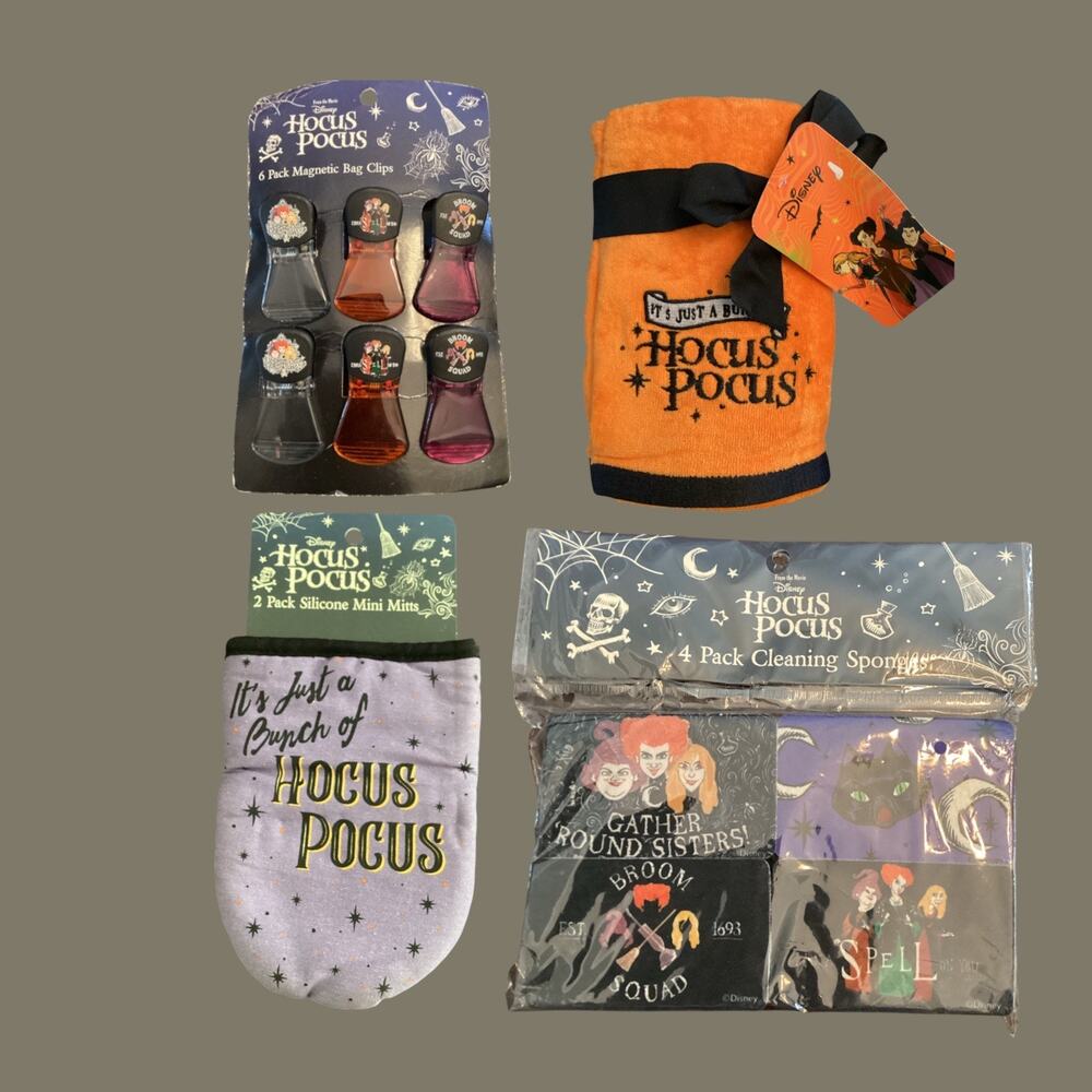NWT Disney Hocus Pocus Halloween Kitchen Bundle: Sponge Chip Clip Towel Mitts